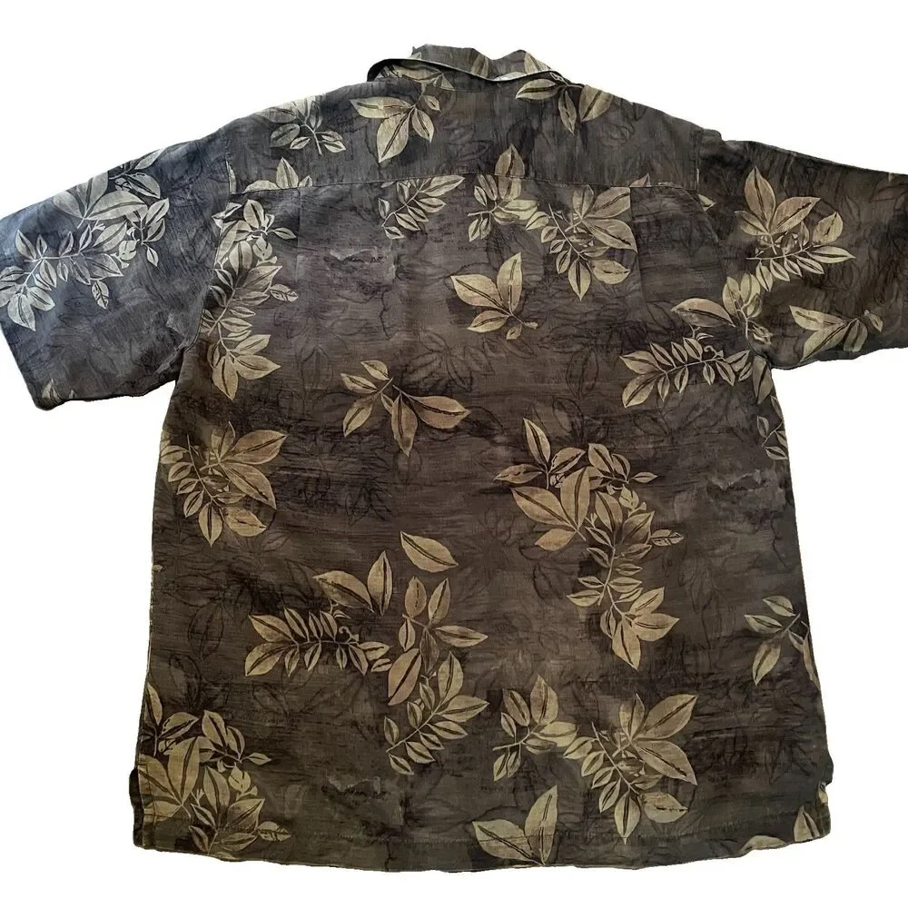 Tommy Bahama Men Medium 100% Silk Hawaiian Camp Shirt Brown Leaf Resort Beach
